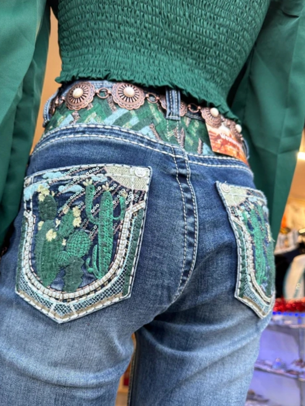 Western Women's Boot Cut Jeans with Green Embroidered Back Pockets